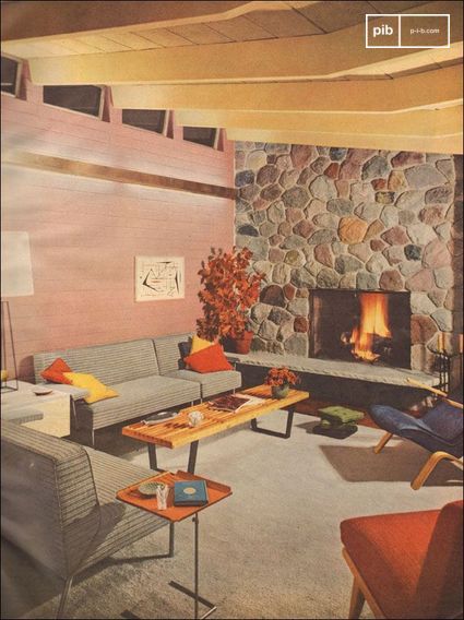 1953 Modernes Wohnzimmer mit Steinkamin - gescannt von Better Homes and Gardens.