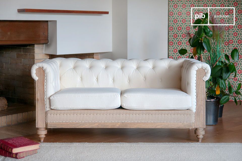 Chesterfield-Zweisitzer-Sofa aus ecrufarbenem Leinen und Baumwolle Montaigu