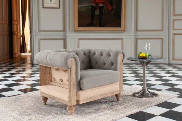 Chesterfield-Sessel aus grauem Leinen und Baumwolle Montaigu