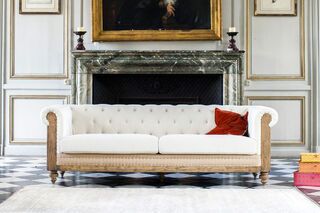 Großer Chesterfield-Sofa aus ecrufarbenem Leinen und Baumwolle Montaigu