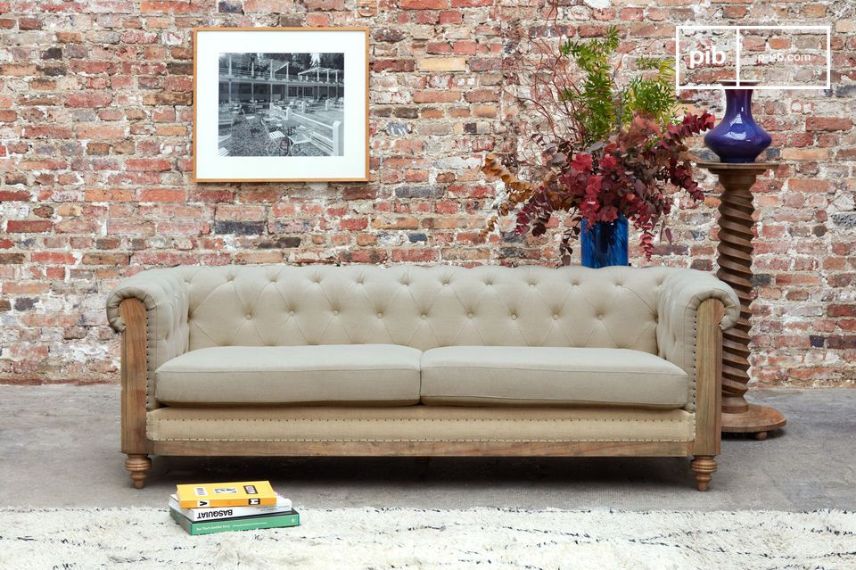 Großes Chesterfield-Sofa aus Leinen und Baumwolle in Mandel Montaigu