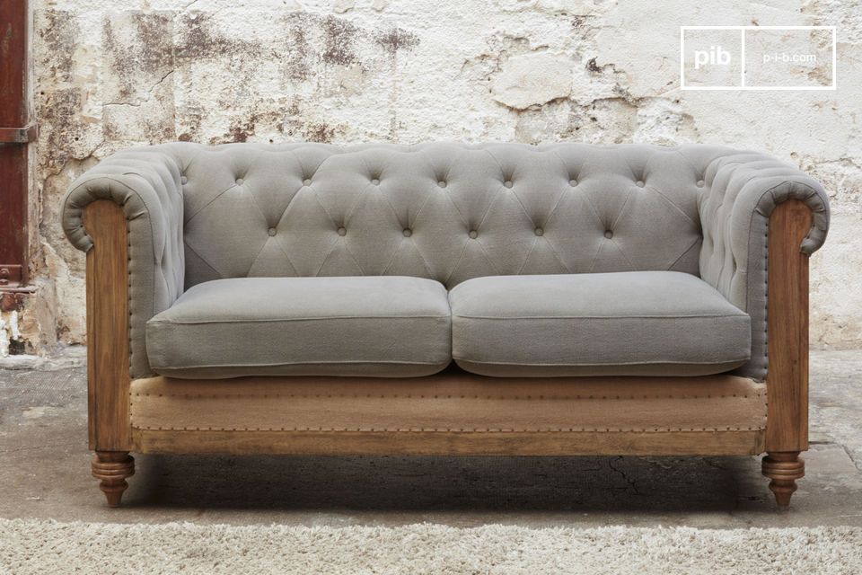 Chesterfield-Zweisitzer-Sofa aus grauem Leinen und Baumwolle Montaigu