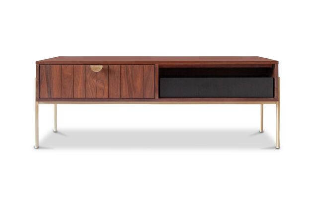 Hochklappbarer Couchtisch aus dunklem Holz Pitea