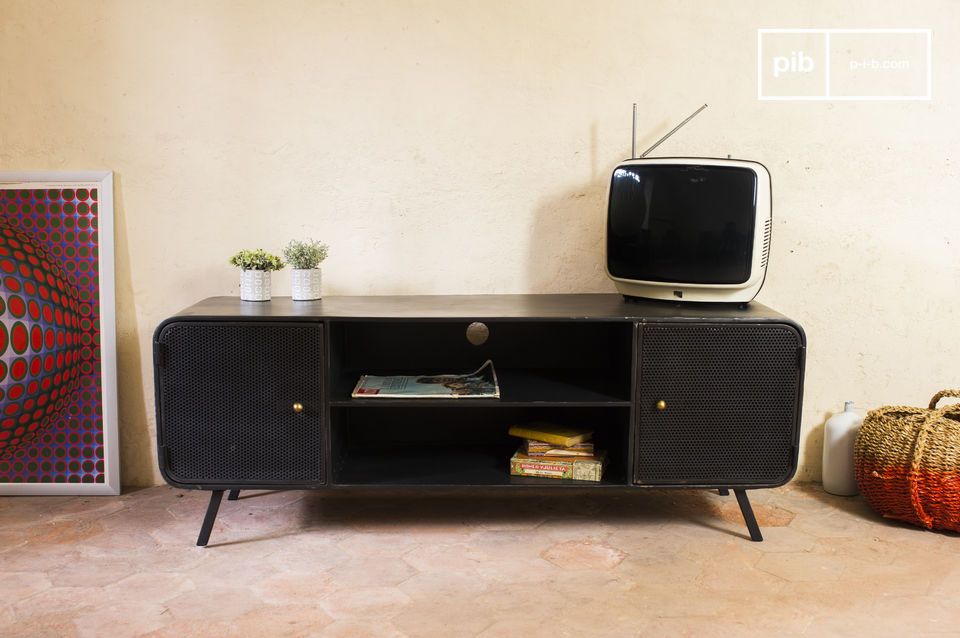 Eleganter TV-Schrank aus schwarzem Metall mit goldenen Griffen.